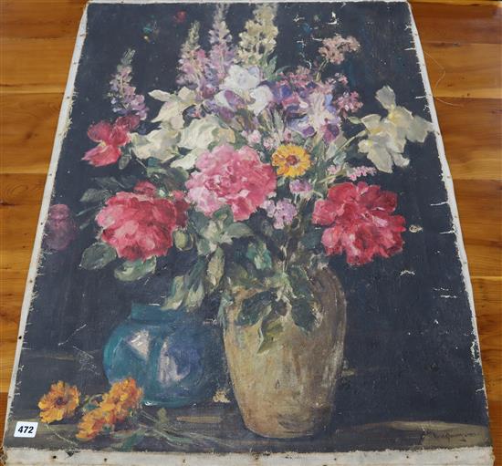 Owen Bowen, oil on canvas, Still life of flowers in a vase, signed and dated 1927, 91 x 71cm, unstretchered